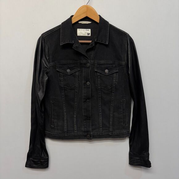 Rag & Bone Women Lamb Leather Sleeve Denim Jacket Size Medium Black D060 -1 - Picture 14 of 15